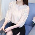 Flower Applique Cold Shoulder Elbow-sleeve Top