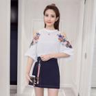 Set: Flower Embroidered Elbow Sleeve Chiffon Top + Flower Embroidered A-line Skirt