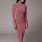 Long Sleeve Mock Neck Ruched Midi Bodycon Dress