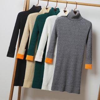 Long-sleeve Fleece-lined Turtleneck Knit Top