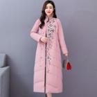 Floral Embroidered Frog-buttoned Long Padded Coat