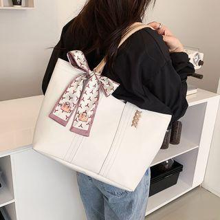 Lettering Bow Faux Leather Tote Bag