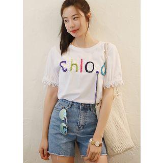 Lace-sleeve Thread Letter-applique Top