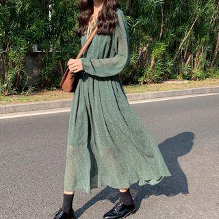 Long-sleeve Midi Dotted A-line Dress As Shown In Figure - One Size