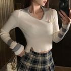 Long-sleeve Collared Two-tone Knit Crop Top