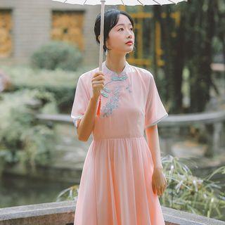Embroidered Frog Button Stand Collar Short-sleeve Dress
