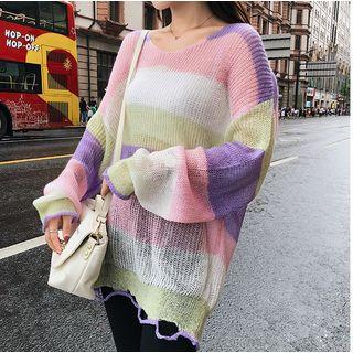 Long-sleeve Striped Open-knit Top Purple - One Size