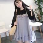 Ruffle Trim Long-sleeve A-line Chiffon Dress Black & Gray - One Size