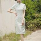 Short Sleeve Floral Print Lace Trim Qipao Dress