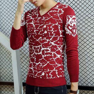 Patterned V-neck Long-sleeve Knit Sweater