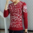 Patterned V-neck Long-sleeve Knit Sweater