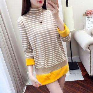 Long-sleeve Mock Neck Striped Mini Knit Dress