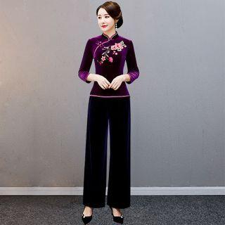 3/4-sleeve Floral Embroidered Qipao Top / Plain Wide-leg Pants / Set