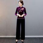 3/4-sleeve Floral Embroidered Qipao Top / Plain Wide-leg Pants / Set