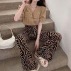 V-neck Blouse / Tiger Print Wide Leg Pants
