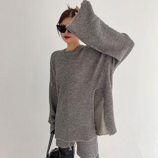 Deep-slit Ribbed Oversized T-shirt