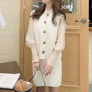 Single-breasted Knit Vest / Lantern-sleeve Blouse / Mini Pencil Skirt