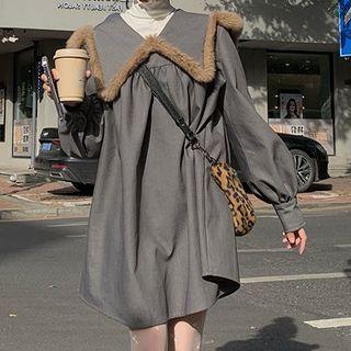 Puff-sleeve Fluffy Collar A-line Dress