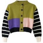 Color Block Striped Cropped Cardigan Green - One Size