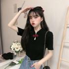 Mandarin Collar Cutout Short-sleeve Knit Top