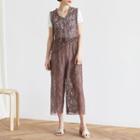 Set: Sleeveless Lace Top + Wide Leg Cropped Pants