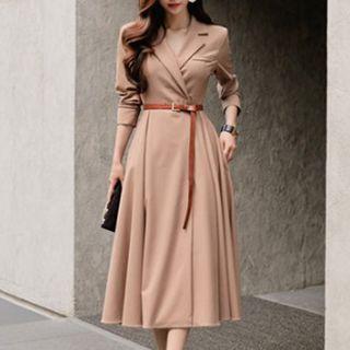 V-neck Long-sleeve Midi A-line Dress With Belt