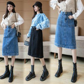 High-waist Pocket Detail Denim Midi Skirt