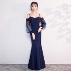 Cold-shoulder Floral Embroidered Sheath Evening Gown