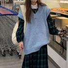 Long-sleeve Plaid Midi A-line Dress / Sweater Vest