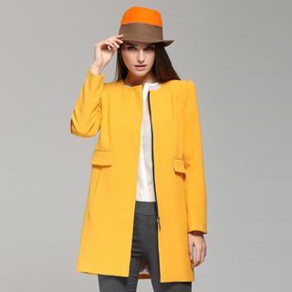 Collarless Puff-sleeve Zip Coat