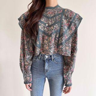 Long Sleeve Lace Trim Floral Print Blouse