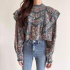 Long Sleeve Lace Trim Floral Print Blouse