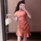 Short-sleeve Drawstring Waist Mini Dress