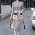 Short-sleeve Striped Color Block Midi A-line Dress