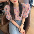 Puff-sleeve Fruit Embroidery Top As Shown In Figure - One Size