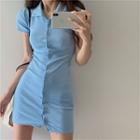 Short-sleeve Collared Button-up Knit Mini Sheath Dress