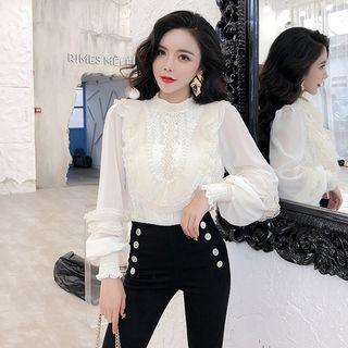 Lantern-sleeve Ruffle-trim Lace Blouse
