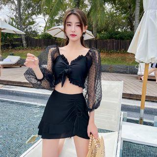 Set: 3/4-sleeve Dotted Tankini Top + Drawstring Swim Skirt
