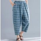 Plaid Cropped Harem Pants Blue - One Size