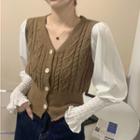 Flared-cuff V-neck Knit Panel Button-up Crop Top
