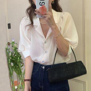 Puff-sleeve Notch Lapel Blouse White - One Size
