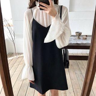 Mini Pinafore Dress / Bell-sleeve Chiffon Top