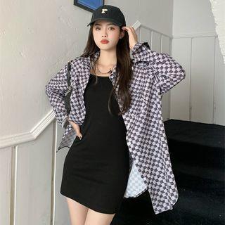 Strappy Plain Slim-fit Dress + Plaid Shirt