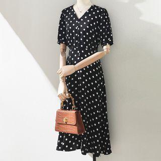 Short-sleeve V-neck Color Block Polka Dot Dress