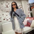 Collarless Faux-pearl Button Checked Jacket