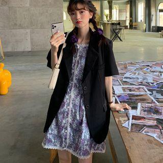 Short-sleeve Single-breasted Blazer / Flower Print Short-sleeve Mini A-line Dress