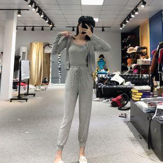 Set: Buttoned Long-sleeve T-shirt + Camisole + Cropped Harem Pants