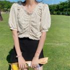 Bubble Sleeve V-neck Check Cropped Top