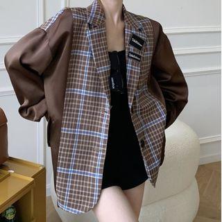 Mock Two-piece Plaid Panel Blazer Plaid Panel - Brown & Blue - One Size