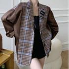 Mock Two-piece Plaid Panel Blazer Plaid Panel - Brown & Blue - One Size